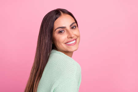 Profile photo of sweet millennial brunette lady wear green pullover isolated on pink color...
