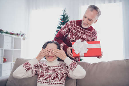 Photo of impressed couple aged lady man give present wear warm sweater sit at homeの写真素材