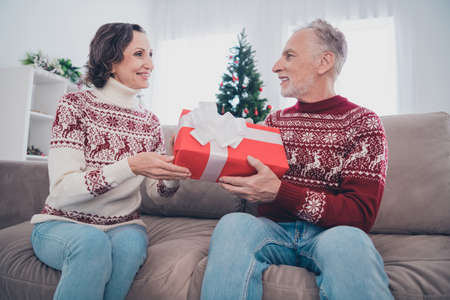 Photo of sweet elder lady man gift present wear warm sweater jeans sit at homeの写真素材