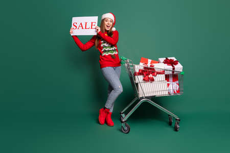 Full size photo of young woman happy positive smile shop hold poster sale isolated over green color backgroundの写真素材