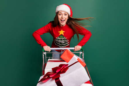 Photo of young woman happy positive smile cart shop discount present christmas isolated over green...