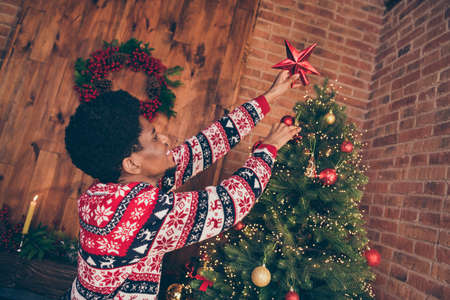 Photo of sweet cute dark skin guy dressed print pullover smiling decorating christmas tree top indoors house home roomの写真素材