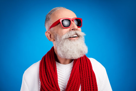 Photo of charming sweet age gentleman wear white sweater red eyewear smiling looking empty space...