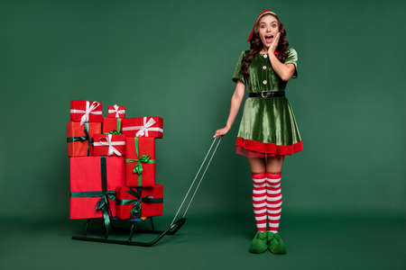Full length body size view of pretty cheerful amazed girl elf bringing gifts isolated over green color backgroundの写真素材