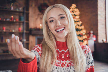 Photo of young cheerful girl happy positive smile speak talk greeting christmas time noel atmosphere decor indoorsの写真素材