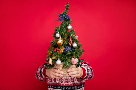 Photo portrait man hiding face behind small xmas tree isolated vibrant red color backgroundの写真素材