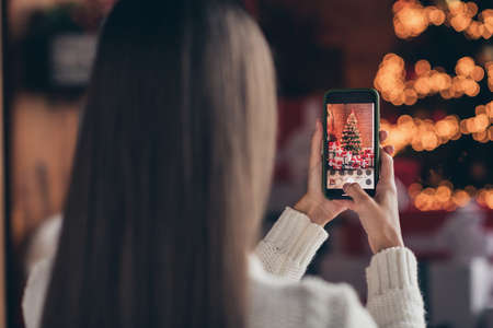 Back photo of nice brunette hair lady make photo of tree wear white sweater at homeの写真素材