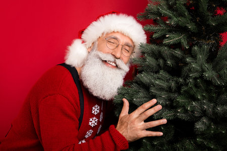 Profile side photo of santa claus happy positive smile hug christmas tree noel holiday isolated over red color backgroundの写真素材