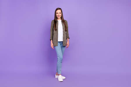 Full size photo of cheerful smiling pretty businesswoman leader manager isolated on purple vibrant color backgroundの写真素材