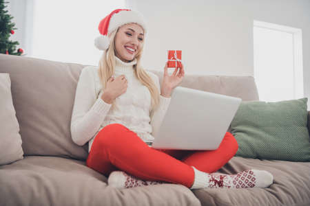 Full body photo of cheerful young happy woman sit sofa xmas talk laptop hold small gift indoors...