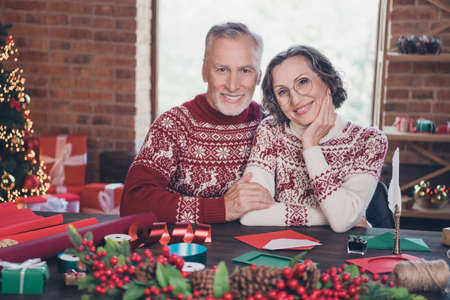 Photo of cheerful caring couple prepare x-mas workshop cuddle harmony wear ornament pullover home indoorsの写真素材