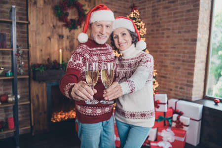 Photo of romantic retired couple hold wineglass clink make toast wear ornament sweater hat home indoorsの写真素材