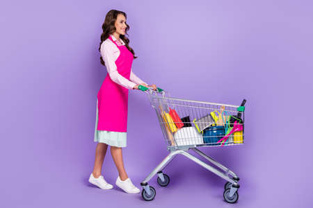Full length body size view of attractive wavy-haired cheery housemaid carrying goods isolated over violet purple color backgroundの写真素材