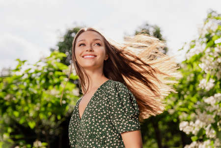 Photo of dream tender cute lovely lady look side white smile wear green dress nature park garden...