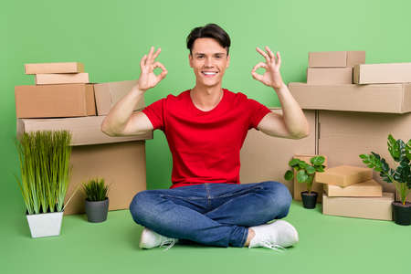 Photo of charming funny young man wear red t-shirt smiling moving new apartment showing okey isolated green color backgroundの写真素材