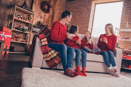 Portrait of beautiful handsome adorable family wife husband sitting on sofa talking having fun at...
