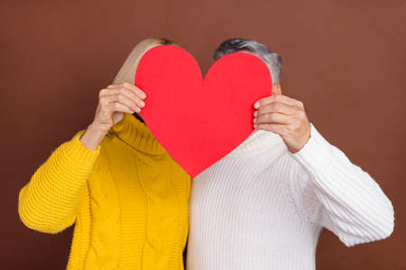 Portrait of two trendy grey-haired people holding heart hiding face affection amour isolated over...
