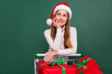 Portrait of attractive cheerful woman carrying buyings center store mall black friday isolated over green color backgroundの写真素材