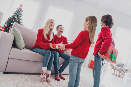 Portrait of beautiful handsome cheery family kids giving dream desirable giftboxes mom dad eve occasion at home house indoorsの写真素材