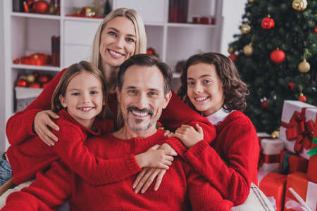 Portrait of beautiful handsome cheery careful family brother sister spending eve bonding cuddling at home house indoorsの写真素材