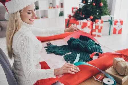 Photo of young positive nice happy woman christmas sit table make diy gift wrap smile indoors inside house homeの写真素材