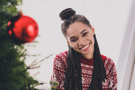 Portrait of attractive cheerful girl spending festal time day vacation dream wearing knitted pullover at decorated home indoorsの写真素材