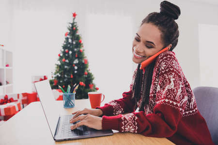 Profile side view portrait of attractive cheerful girl writing letter plan congrats e mail talking...