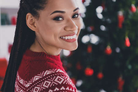 Cropped profile side view portrait of attractive cheerful girl spending newyear festal time day at...