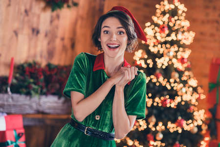 Photo of pretty impressed young lady wear elf clothes celebrating christmas smiling indoors house home roomの写真素材
