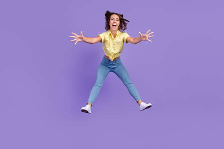 Full size photo of impressed millennial brunette lady falling down wear yellow top jeans shoes...