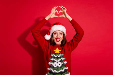 Photo of funny funky young lady dressed print pullover celebrating new year showing arms heart...