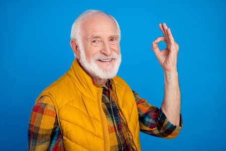 Portrait of attractive cheerful grey-haired man showing ok-sign advert ad good deal isolated over bright blue color backgroundの写真素材