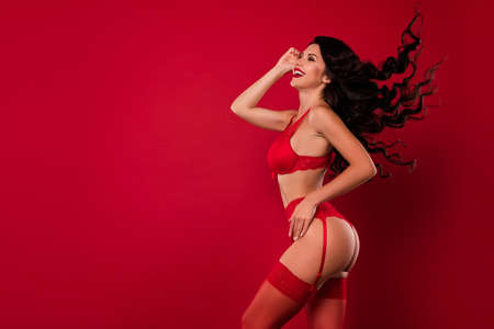 Profile side view portrait of attractive cheerful perfect slim wavy-haired girl posing copy space isolated over bright red color backgroundの写真素材