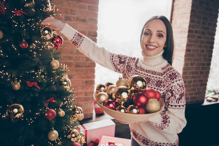 Portrait of attractive cheerful woman hanging bauble balls festal occasion on evergreen at loft...