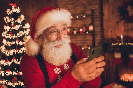 Profile side photo of aged santa claus happy positive smile look read rowse type message online...
