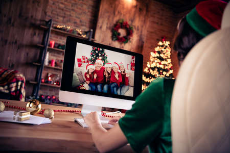Profile side view portrait of beautiful girl elf calling on web big full family congrats at...