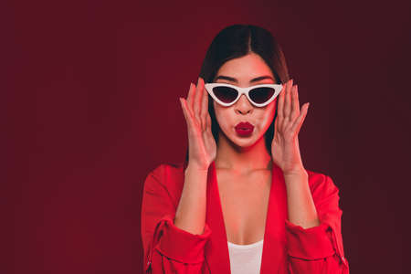 Portrait of gorgeous funny funky girl touching specs nightclub event pout lips isolated over bright...