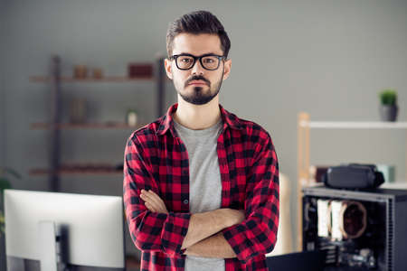 Portrait of attractive clever smart skilled guy technician folded arms top ceo boss chief director...