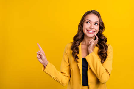 Portrait of attractive cheerful curious wavy-haired woman showing copy space like follow isolated...
