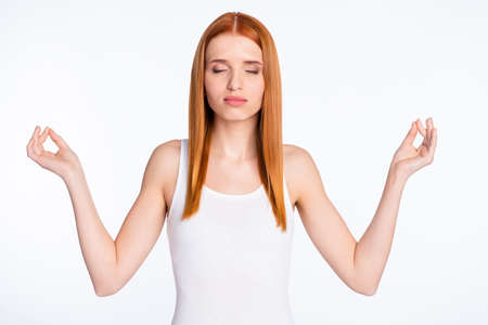 Photo of calm nice ginger hairdo lady rest hold fingers wear white top isolated on bright color...