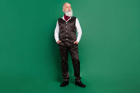 Photo of serious pensive rich grandfather hands pockets look side empty space wear striped suit on...