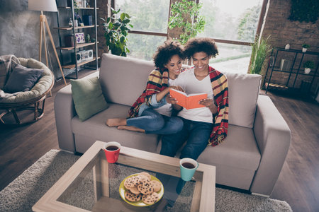 Photo of nice millennial brunet couple hug read book sit on sofa wear jeans t-shirt at homeの写真素材