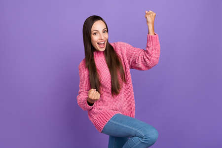 Photo of cool mature brunette funky lady yell wear pink sweater isolated on violet color background