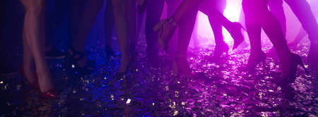Cropped photo of elegant guys ladies clubbers have nightlife on dj modern performance confetti floor shine bright filterの写真素材