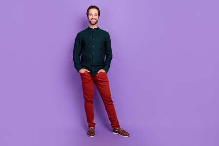 Photo of attractive pretty young man wear smart casual outfit smiling walking empty space isolated...