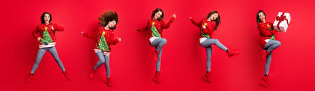 Overjoyed girlish jumping from delight lady photo collage newyear event dance disco occasion isolated on bright red color backgroundの写真素材