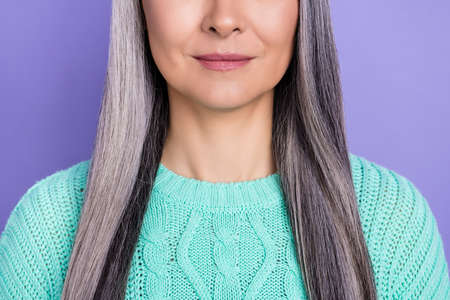 Cropped photo of mature attractive woman shiny pomade cosmetics lifting isolated over violet color...