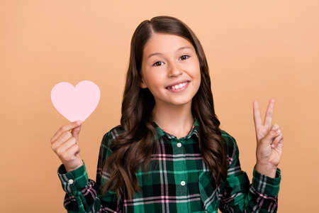 Photo of funny adorable schoolgirl wear plaid outfit chatting showing v-sign holding pink heart...
