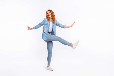 Full body photo of dreamy nice young woman look empty space dance smile isolated on grey color...