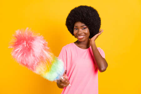 Photo of sweet millennial lady clean up wear pink t-shirt isolated on yellow color backgroundの写真素材